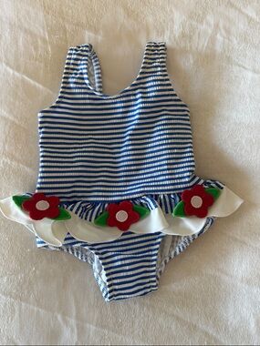 Florence Eiseman Blue & White Striped Girls' Floral Ruffle One-Piece Swimsuit